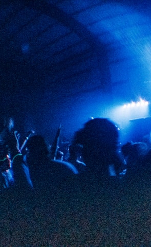 In a dimly lit indoor setting, silhouettes of people are visible, with their arms raised, seemingly enjoying a lively music event. The scene is bathed in vibrant blue lighting, creating an energetic and immersive atmosphere.